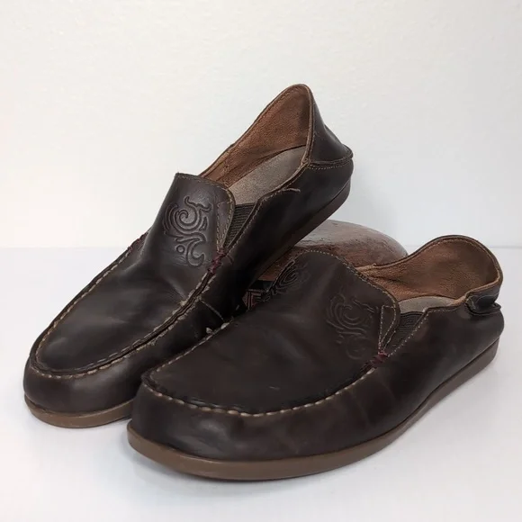 OluKai Dark Brown Leather Slip-On Loafers Size 8 Contract Stitching Drop Back - Picture 2 of 11